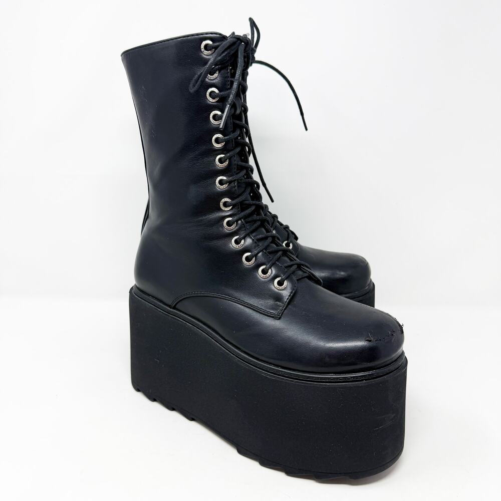 Lamoda Black Faux Leather Chunky Platform Goth Combat Boots 4UK Lace Up/Side Zip